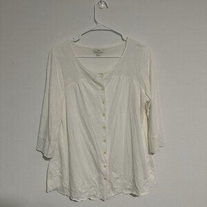 J. Jill White Scoop Neck Button Top 3/4‎ Sleeve Embroidered Hem Size Small
